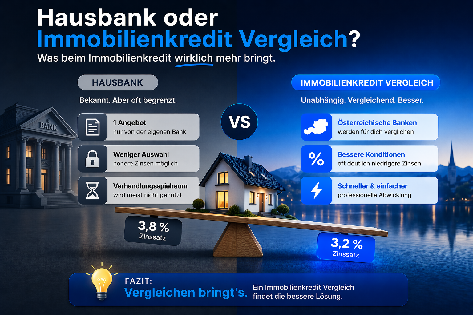 Immobilienkredit Österreich: Hausbank vs. Kreditmakler Vergleich. Finanzierung, Darlehen, Baufinanzierung.