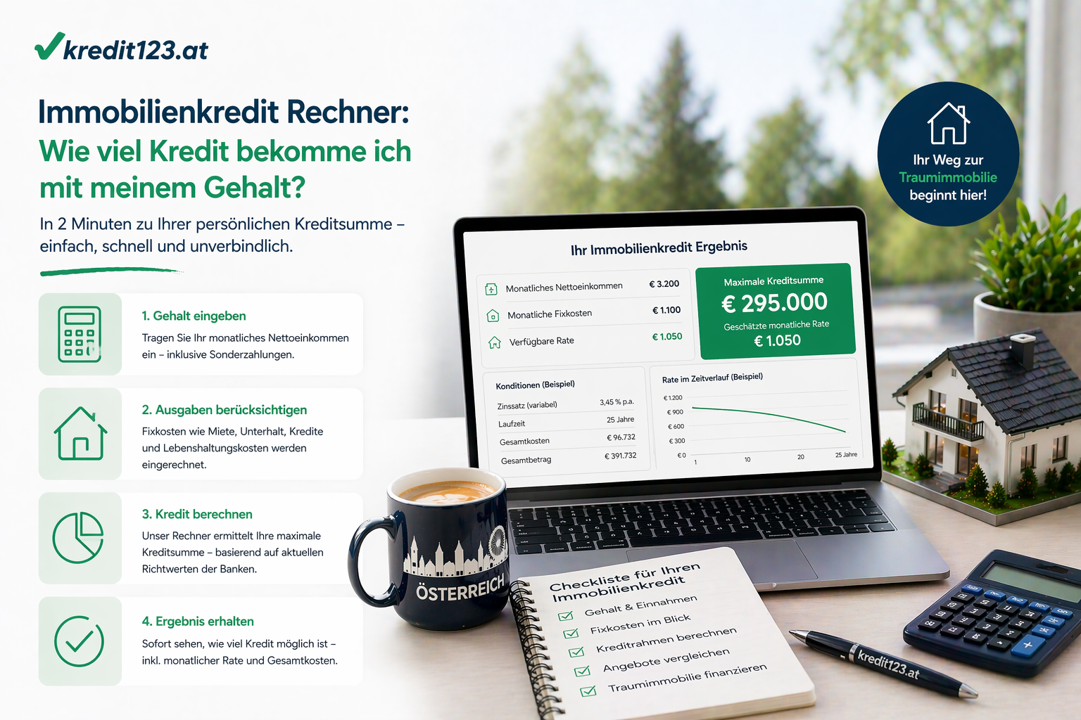 Immobilienkredit Rechner: Kreditbetrag & Gehalt für Ihr Traumhaus berechnen.